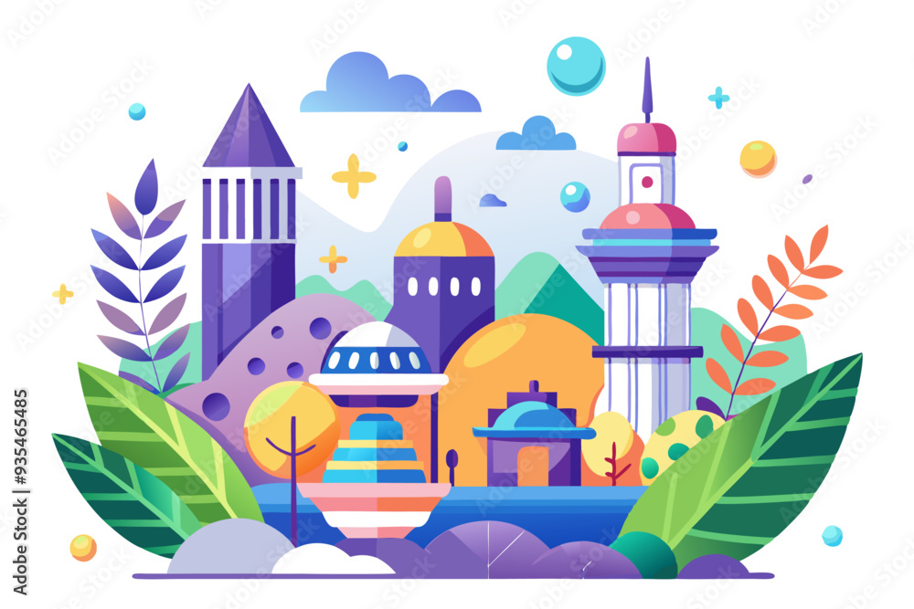 Obraz premium Futuristic Cityscape with Buildings, Flying Saucer, and Lush Foliage
