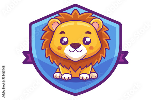 Cartoon Lion Mascot Inside a Blue Shield with Purple Ribbons