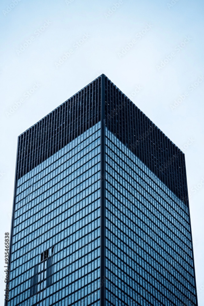 The intricate architecture of a distant skyscraper, standing out sharply against a soft blue sky The intricate architecture of a distant skyscraper, standing out sharply against a soft blue sky