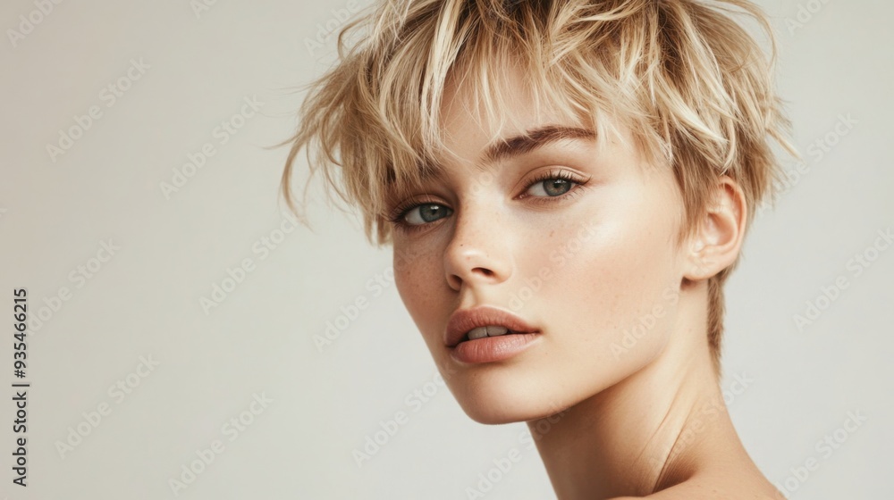 A model with blonde, tousled short hair gazes thoughtfully towards the camera in a serene studio environment. A model with blonde, tousled short hair gazes thoughtfully towards the camera in a serene studio environment.