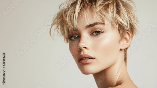 A model with blonde, tousled short hair gazes thoughtfully towards the camera in a serene studio environment.