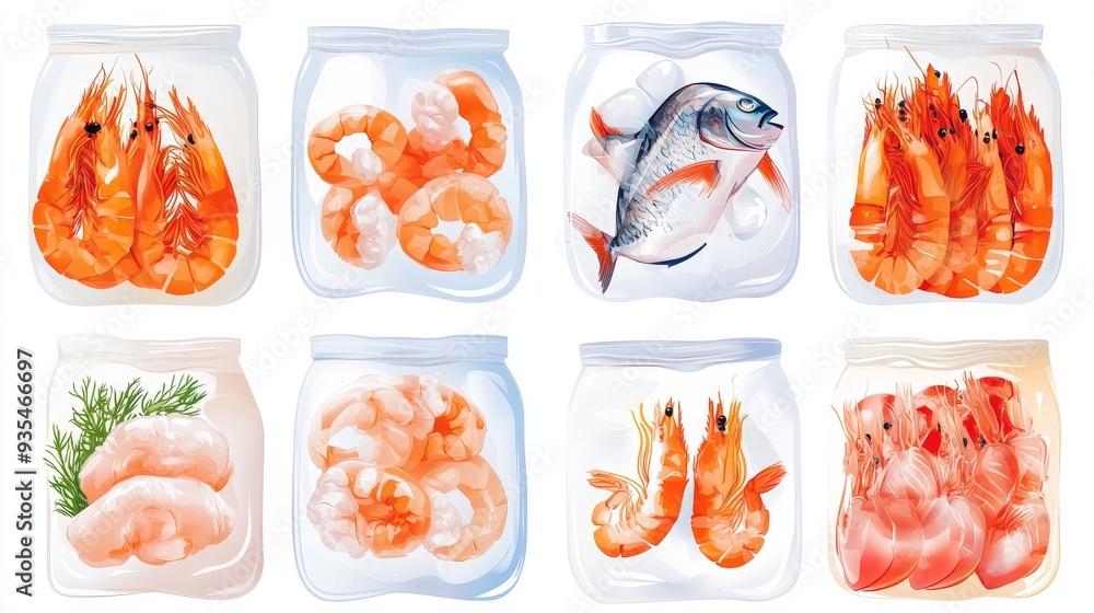 Fresh fish, seafood, shrimp packs, vacuum packs, and prawn meat packs are available in supermarket freezers. Fresh fish, seafood, shrimp packs, vacuum packs, and prawn meat packs are available in supermarket freezers.