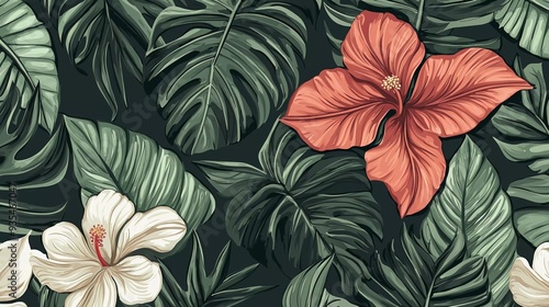Wallpaper Mural botanic seamless pattern with exotic flowers and leaves, hand drawn background. floral pattern. Tile with tropical leaves which is very beautiful Torontodigital.ca