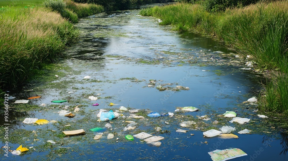 A river filled with floating trash and debris, surrounded by grassy banks, highlighting the environmental impact of pollution.
A river filled with floating trash and debris, surrounded by grassy banks, highlighting the environmental impact of pollution.