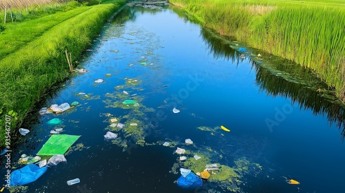 A small waterway polluted with garbage, bordered by green grasses and plants, showcasing the effects of human waste on natural environments.
