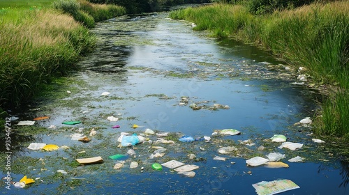 A river filled with floating trash and debris, surrounded by grassy banks, highlighting the environmental impact of pollution.
