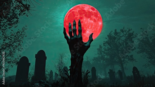 Zombie hand coming out of the grave at night, Halloween background