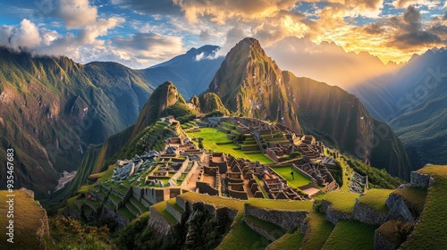 Sunrise over Machu Picchu, capturing the ancient Incan ruins bathed in the golden morning light, with the dramatic Andes mountains looming in the background