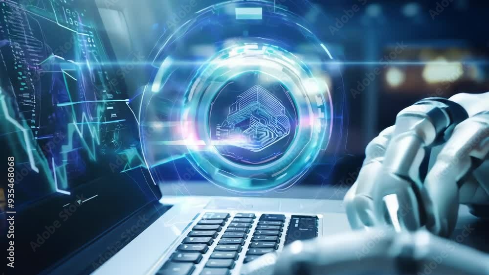 Futuristic interface displaying holographic data, integrating technology and innovation in a digital workspace. Futuristic interface displaying holographic data, integrating technology and innovation in a digital workspace.