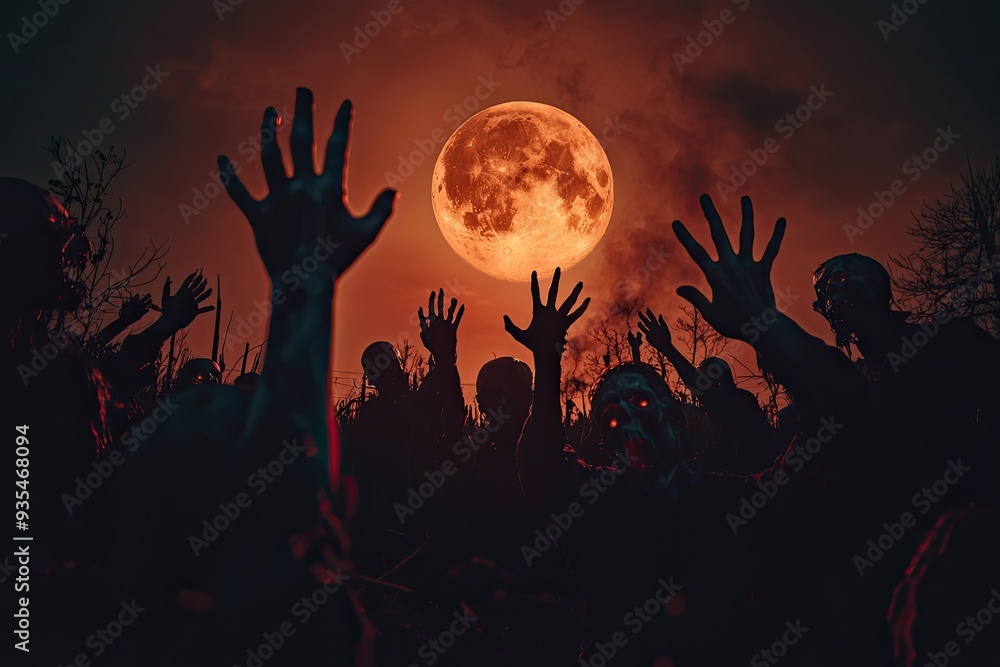 Zombie hand coming out of the grave at night, Halloween background Zombie hand coming out of the grave at night, Halloween background