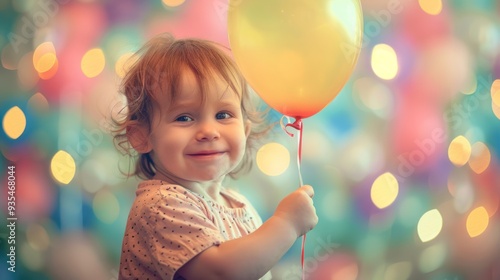 a child holding a single balloon, smiling with joy at a birthday party.