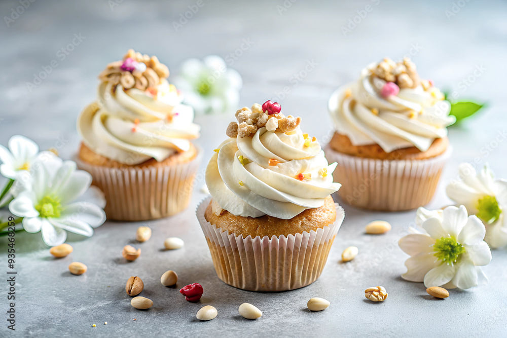 Minimalistic cupcakes with sprinkles, white cream topping, and nut accents against a clean white and grey background with free space Minimalistic cupcakes with sprinkles, white cream topping, and nut accents against a clean white and grey background with free space