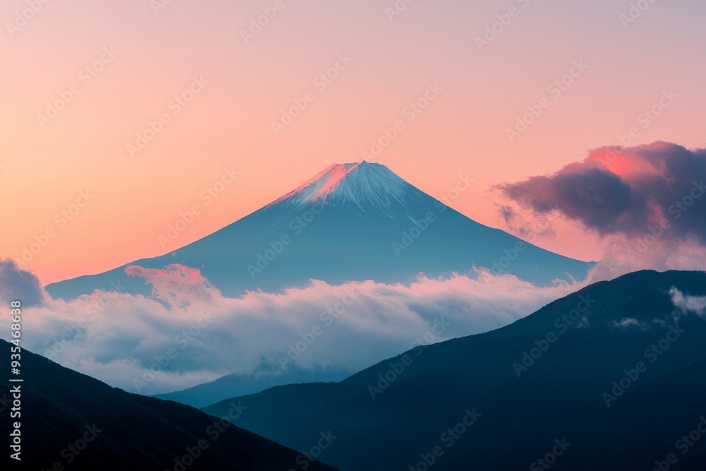 The peak of a distant mountain framed against a sunset sky