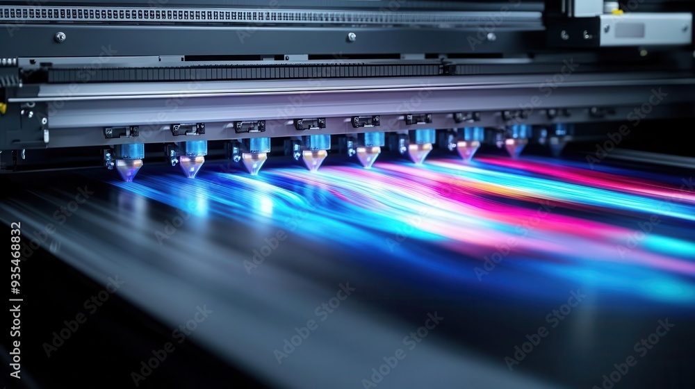 Close-up of a large format printer in operation, with vibrant colors being printed onto a surface. Close-up of a large format printer in operation, with vibrant colors being printed onto a surface.