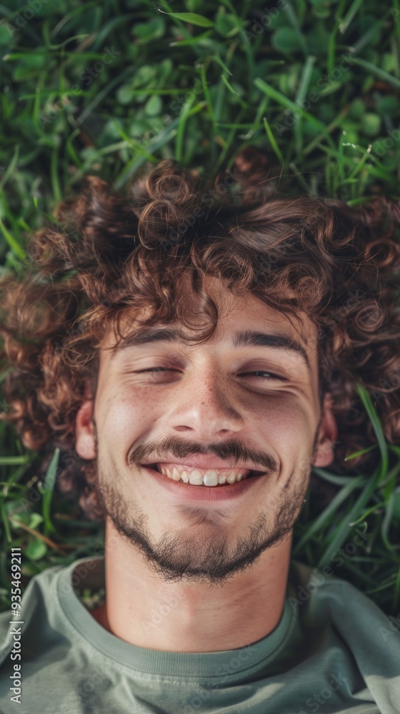 A joyful man with curly hair lies contentedly on soft green grass, basking in the warmth of a sunny day, embodying relaxation and happiness A joyful man with curly hair lies contentedly on soft green grass, basking in the warmth of a sunny day, embodying relaxation and happiness
