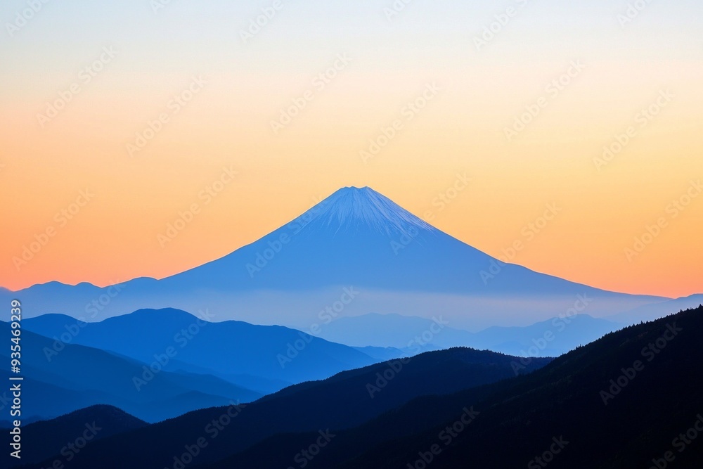 The peak of a distant mountain framed against a sunset sky The peak of a distant mountain framed against a sunset sky