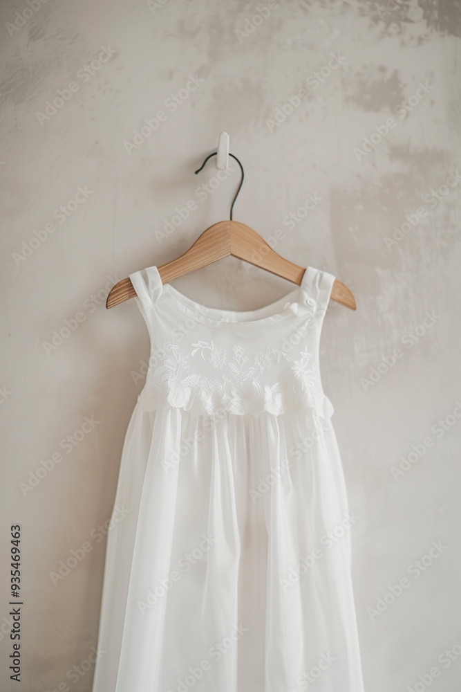 beautifully crafted baby dress featuring a delicate lace overlay and a soft, flowing skirt. The dress is hung on a wooden hanger against a neutral background, beautifully crafted baby dress featuring a delicate lace overlay and a soft, flowing skirt. The dress is hung on a wooden hanger against a neutral background,