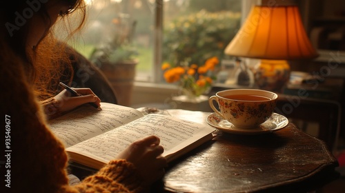 12082007 33 A person journaling in the morning light, with a cup of tea beside them --ar 16:9 --style raw --stylize 250 --v 6.1 Job ID: fd6c2fe7-be8b-4a85-9d46-f628e12f4c3b