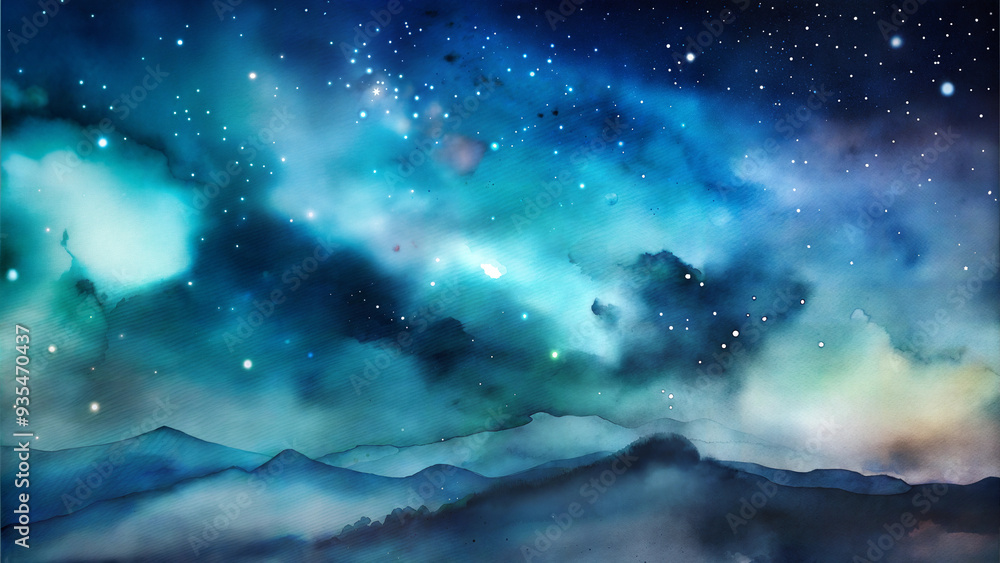 Fototapeta premium Abstract night sky landscape with stars and galaxy in blue and turquoise colors - concept