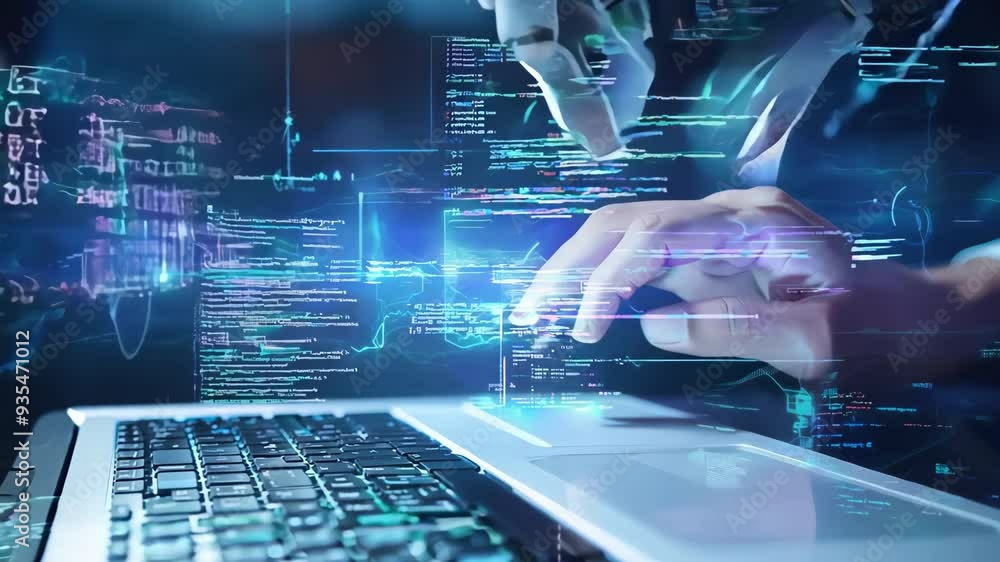Futuristic laptop with hands typing concept, focusing on programming code and digital technology innovation. Futuristic laptop with hands typing concept, focusing on programming code and digital technology innovation.