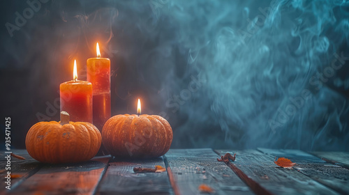 Halloween decor with pumpkins and candles, wooden table, dark foggy backdrop, spooky night. Generative AI. photo