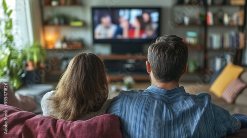 The couple sits comfortably on the couch at home, streaming a show together and enjoying each other's company