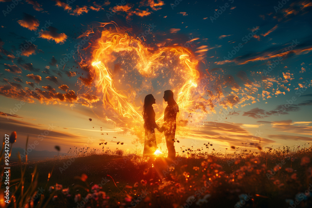 Cinematic shot of two people in an open field with flowers, surrounded by flames and heart-shaped orange clouds at sunset Cinematic shot of two people in an open field with flowers, surrounded by flames and heart-shaped orange clouds at sunset