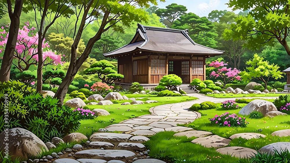 Serene Japanese Garden with Stone Path and Wooden House Serene Japanese Garden with Stone Path and Wooden House