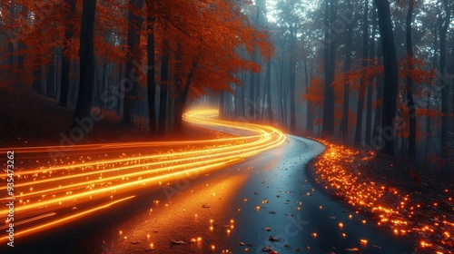 autumn forest road blur vibrant orange foliage frames winding asphalt sleek sports car streaks by leaving trails of motion