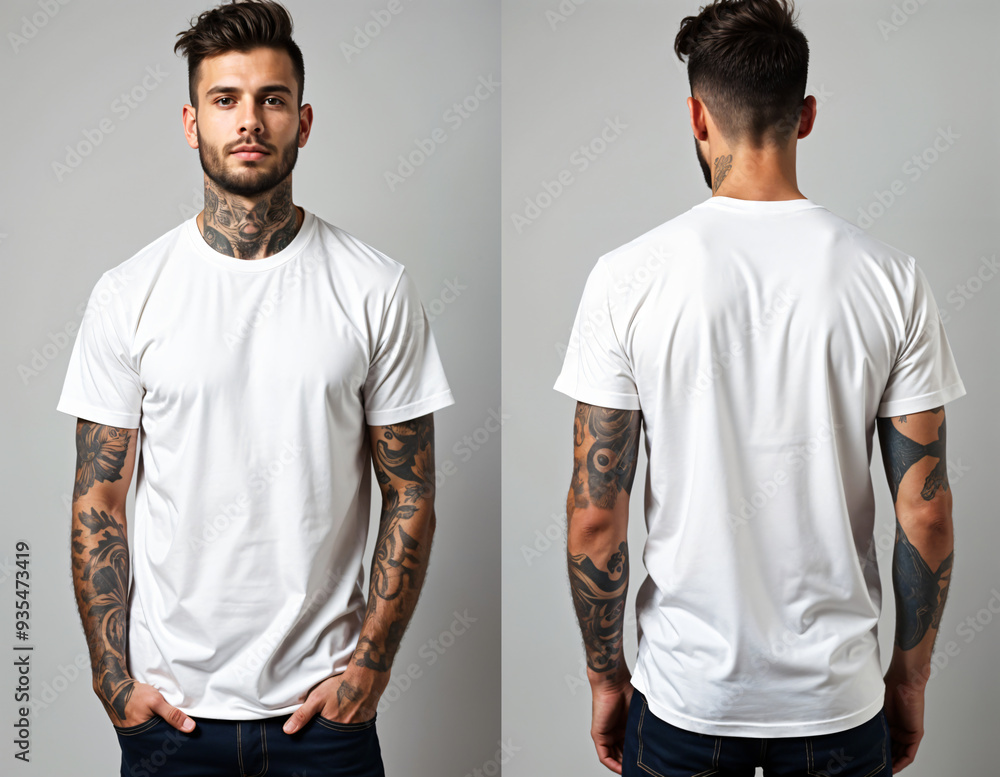 Front and back view male young man white plain t-shirt mockup model with tattooed arms, studio photography Front and back view male young man white plain t-shirt mockup model with tattooed arms, studio photography