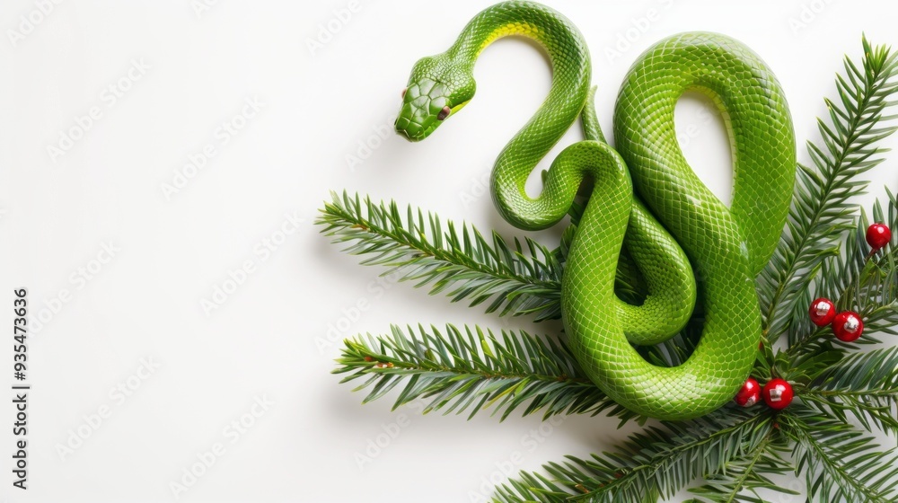 A vibrant green snake winds gracefully along a fresh fir branch, accented by red berries, all set against a clean white backdrop, creating a striking visual contrast A vibrant green snake winds gracefully along a fresh fir branch, accented by red berries, all set against a clean white backdrop, creating a striking visual contrast