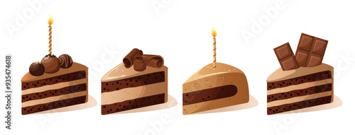 A set of pieces of chocolate cake with candles. Vector illustration.
