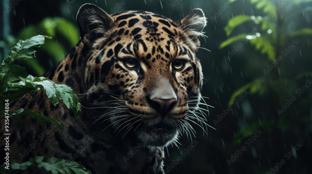 Fototapeta premium A detailed close up view of a leopard in the rain, showcasing its features