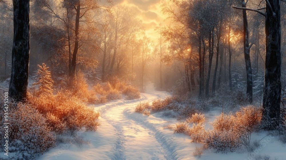 Serene Winter Trail in Snowy Forest with Sunlight Filtering Through Trees Serene Winter Trail in Snowy Forest with Sunlight Filtering Through Trees