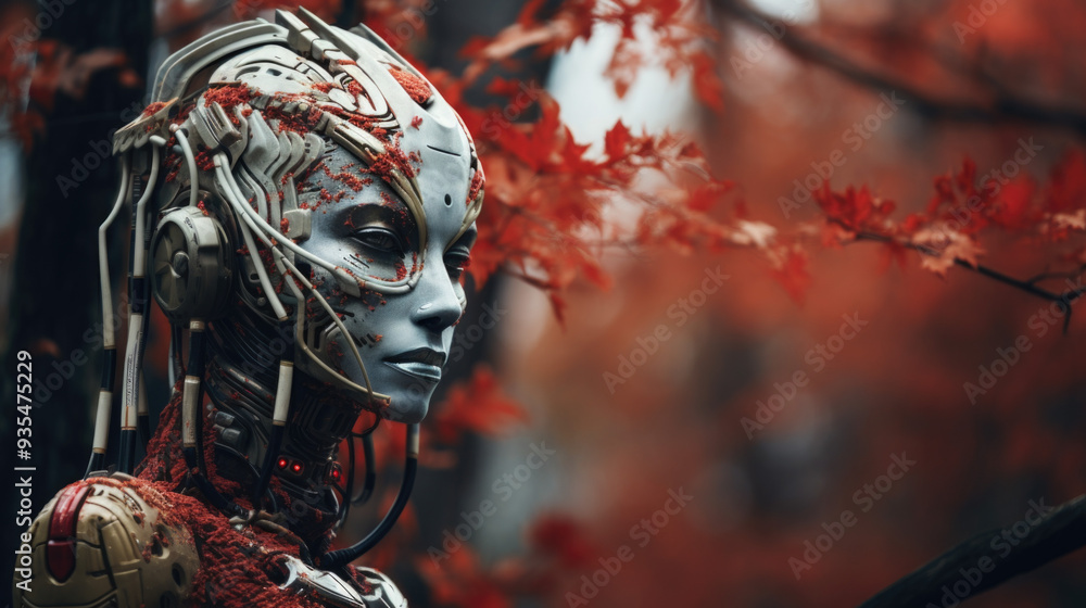 Fototapeta premium A lifelike robot statue stands in a forest of vibrant red leaves