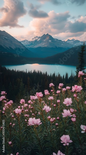 Beautiful Lake Peyto at Sunset with Pink Flowers, Forest, and Mountains