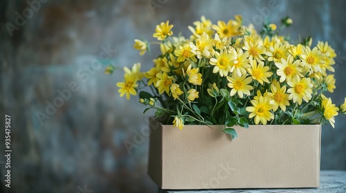 Bouquet of Silphium flowers in a cardboard box. Silphie plant fibers use for made eco-friendly package.  photo