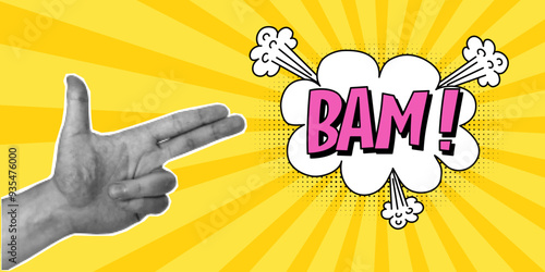 Halftone collage, hand gesture in the shape of a gun, speech bubble with expressive inscriptions bam, cloud and explosions in a comic style on a yellow background. Pop art retro banner.