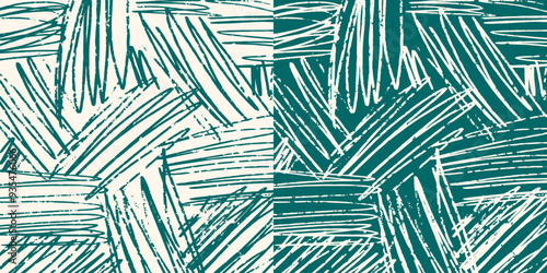 Set of two hand drawn square patterns, chaotic textured crosshatch on green and beige background. Pastel colors, pencil textured lines, vector sketch.