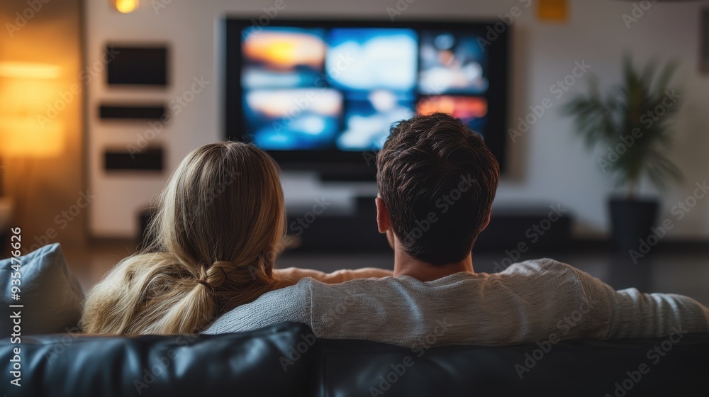 A couple relaxes on a comfortable couch at home, streaming shows on a large TV in the evening light A couple relaxes on a comfortable couch at home, streaming shows on a large TV in the evening light