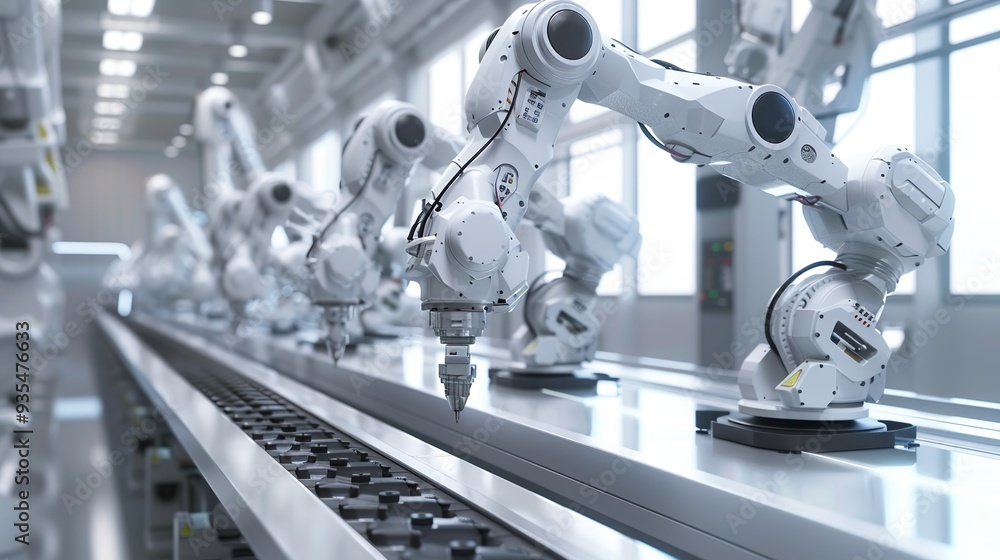 Multiple heavy-duty robotic arms working in unison on a complex assembly line in a smart factory, each performing precise tasks with minimal human supervision. Multiple heavy-duty robotic arms working in unison on a complex assembly line in a smart factory, each performing precise tasks with minimal human supervision.