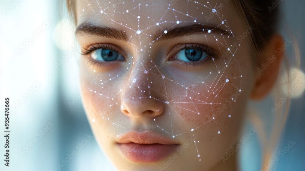 A young woman gazes directly at the camera, her face illuminated with intricate, glowing geometric patterns against a soft, blurred background. A young woman gazes directly at the camera, her face illuminated with intricate, glowing geometric patterns against a soft, blurred background.