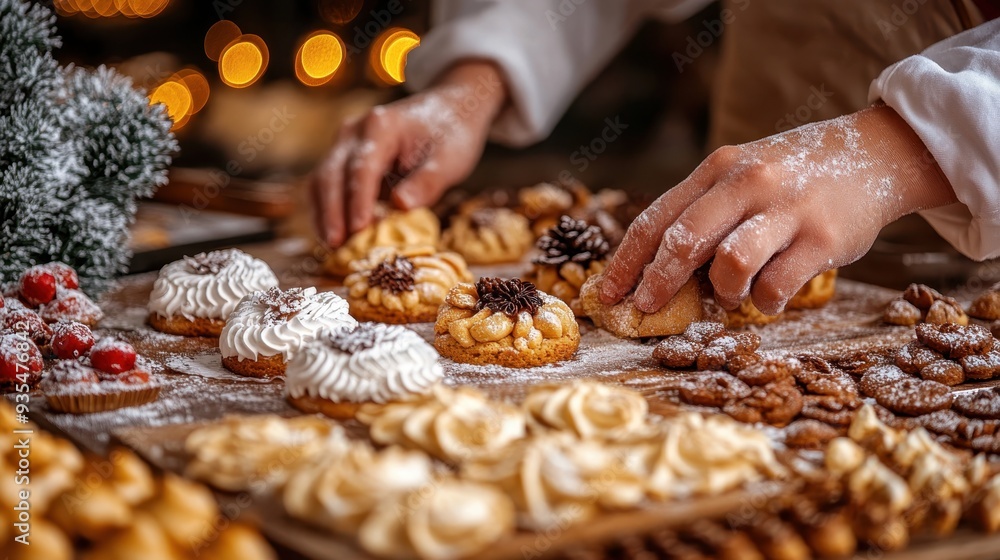 Festive Holiday Baking: Close-up of Hands Preparing Traditional Treats Festive Holiday Baking: Close-up of Hands Preparing Traditional Treats