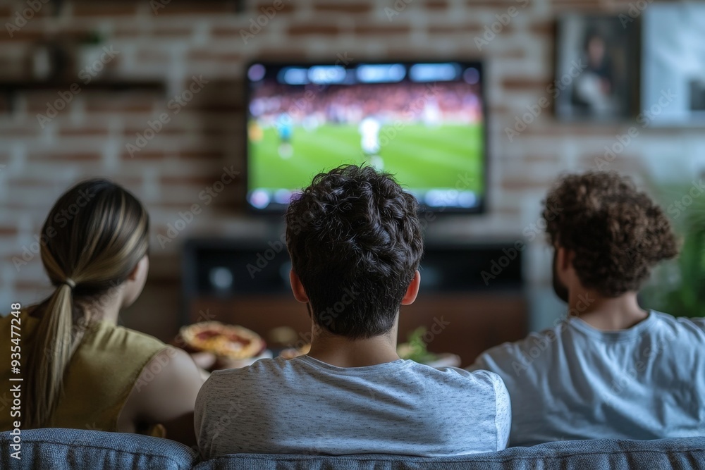 Obraz premium Young Friends Watching Soccer Game on TV in Cozy Living Room with Brick Wall