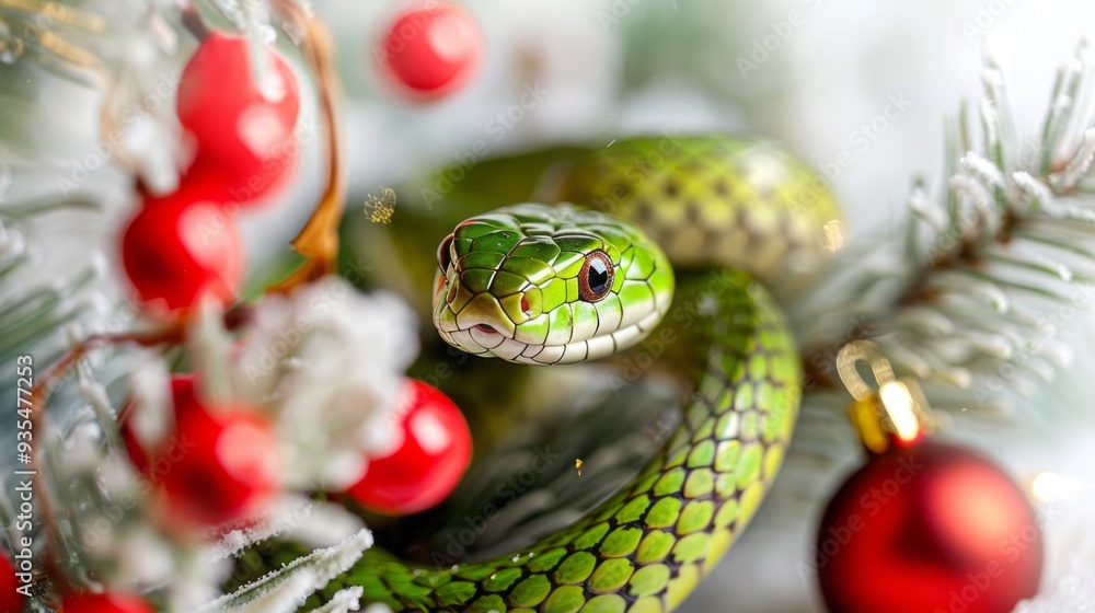 A lively green snake interacts with red berries and glimmering ornaments set against a white background, creating a striking holiday ambiance A lively green snake interacts with red berries and glimmering ornaments set against a white background, creating a striking holiday ambiance