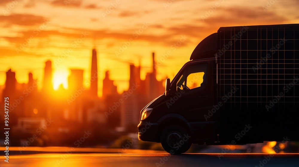 A silhouette of a delivery truck against a vibrant sunset skyline, showcasing urban transport and logistics in a scenic view. A silhouette of a delivery truck against a vibrant sunset skyline, showcasing urban transport and logistics in a scenic view.