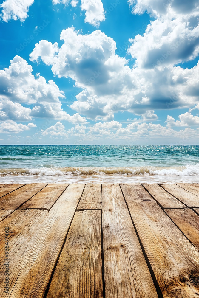 Fototapeta premium Wooden tables for displaying products against a bright blue beach background. Ai generate. 