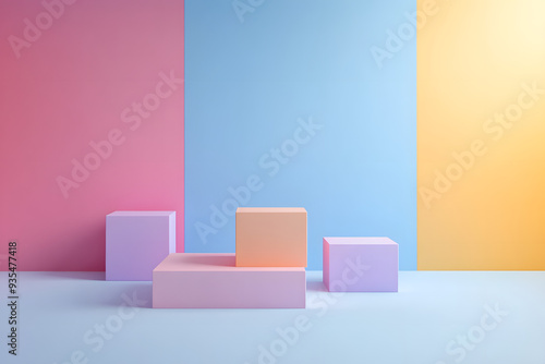 Minimalist Pastel Geometric Shapes on Colorful Background with Clean Lines and Gradients for Modern Abstract Design or Product Presentation