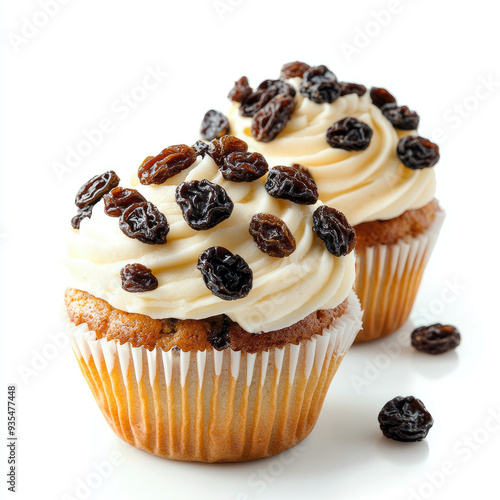 Cupcake with raisins close-up, isolated, on a white background. Illustration for advertising sweet pastries, confectionery, printing in the menu of catering establishments.