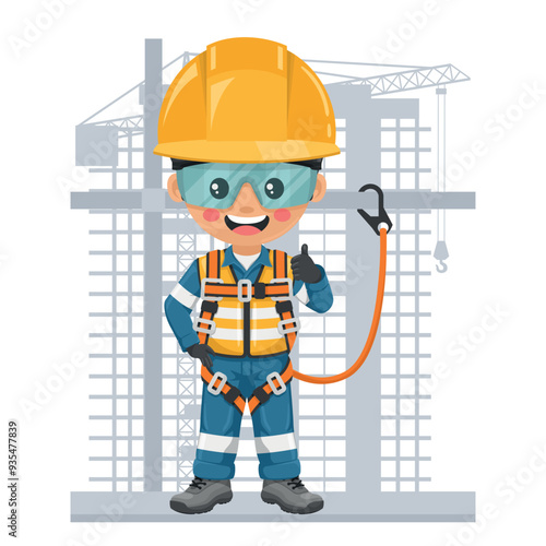 Engineer worker with personal protective equipment, safety harness and lifeline on a scaffold. Working at height and fall protection. Safety first. Industrial safety and occupational health at work